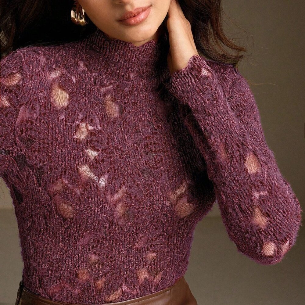 Burgundy Elegant Women's Long Sleeve Hollow Out Stretchy T-Shirt
